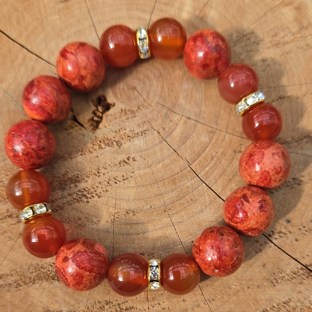 Sponge Coral & Carnelian Beaded Stretch Bracelet Handmade New Gold Crystal 7"